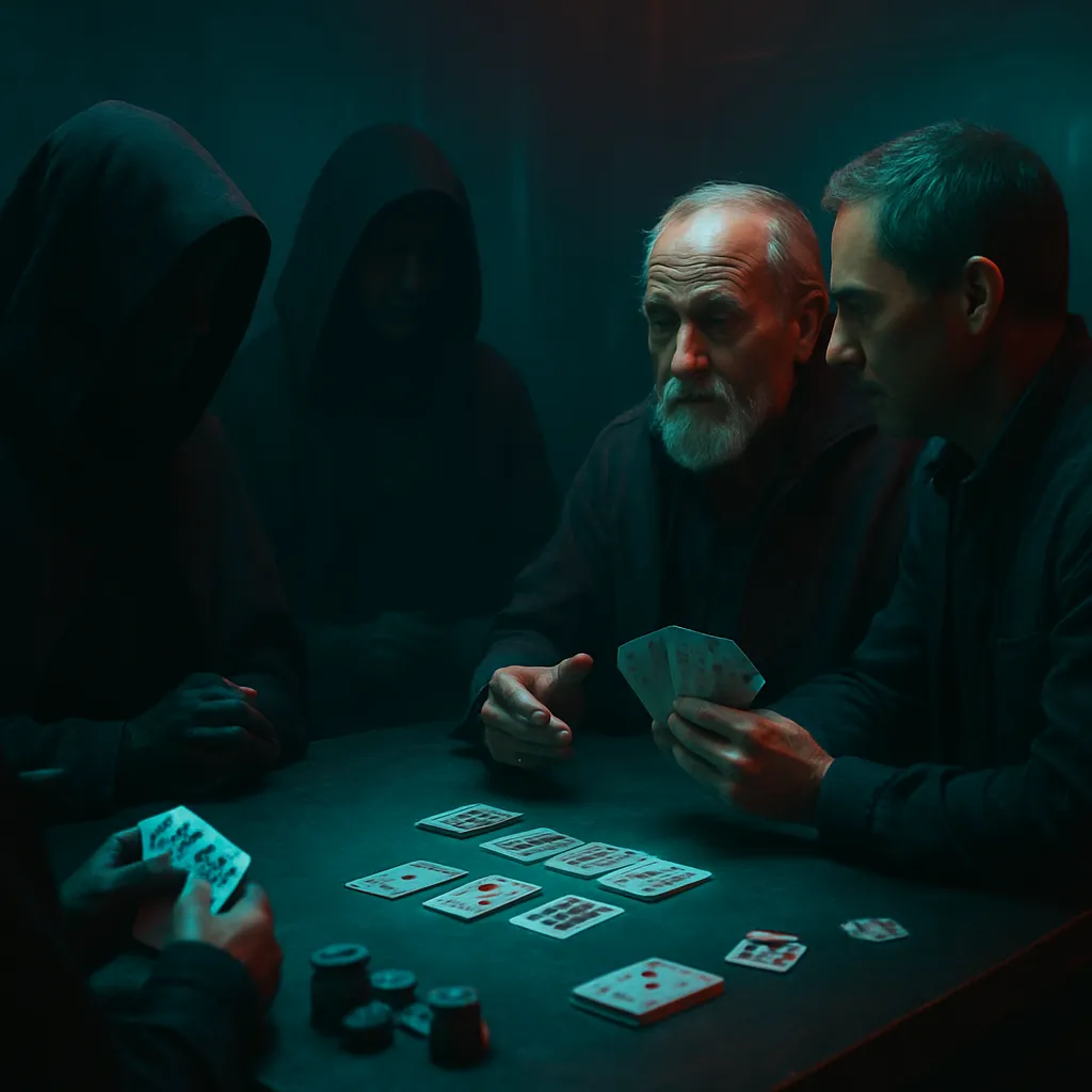 The dreamer plays a card game against hooded opponents with a changing old man as a partner who offers philosophical guidance on playing by luck or skill. The dream ends with an emphasis on self-reliance.