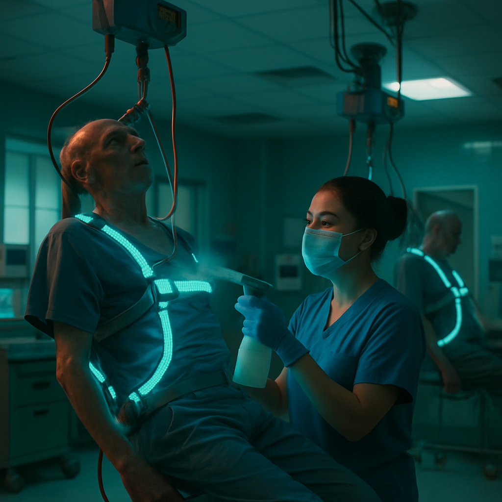 The dreamer finds themselves in a hospital, training on a surgical unit, where patients are hoisted to the ceiling. The dream focuses on learning how to clean these patients as part of their discharge process, while wearing blue scrubs instead of their preferred teal.