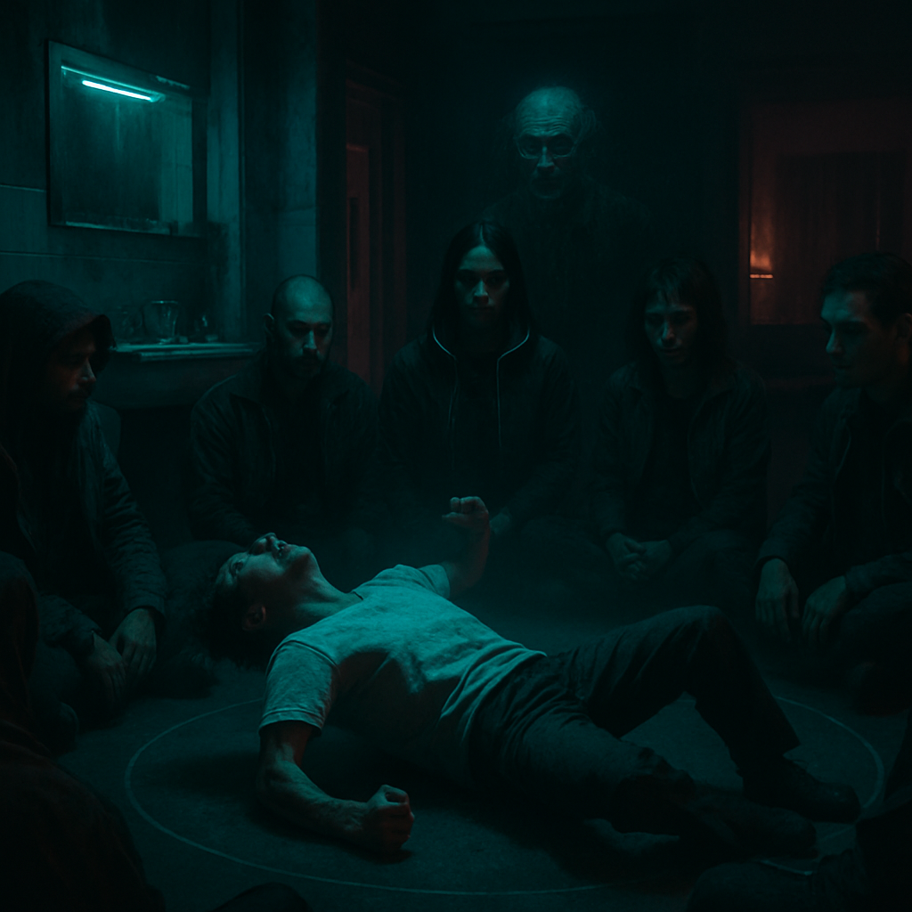 In a house with a group, being assessed for health. Told I'm possessed by an old man's ghost. Prepare for a ritual. The bathroom is messy and sinks are clogged. After washing hands, lay in a circle for a ritual to remove the spirit through convulsions.