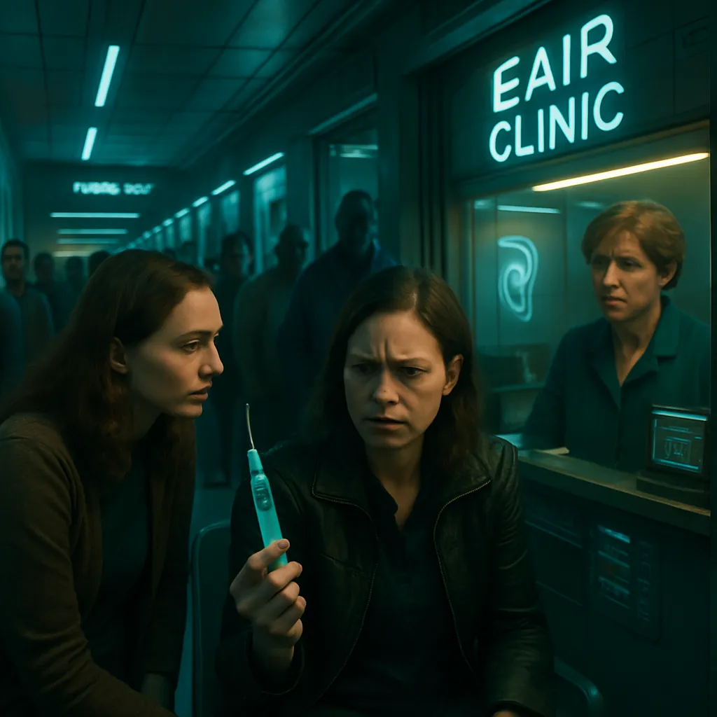 The dreamer waits in frustration at an ear clinic where appointments are delayed. Interactions with a friend and receptionist reveal systemic inefficiencies. The dreamer faces a dilemma between self-administering treatment or waiting overnight after witnessing others bypass them in line.