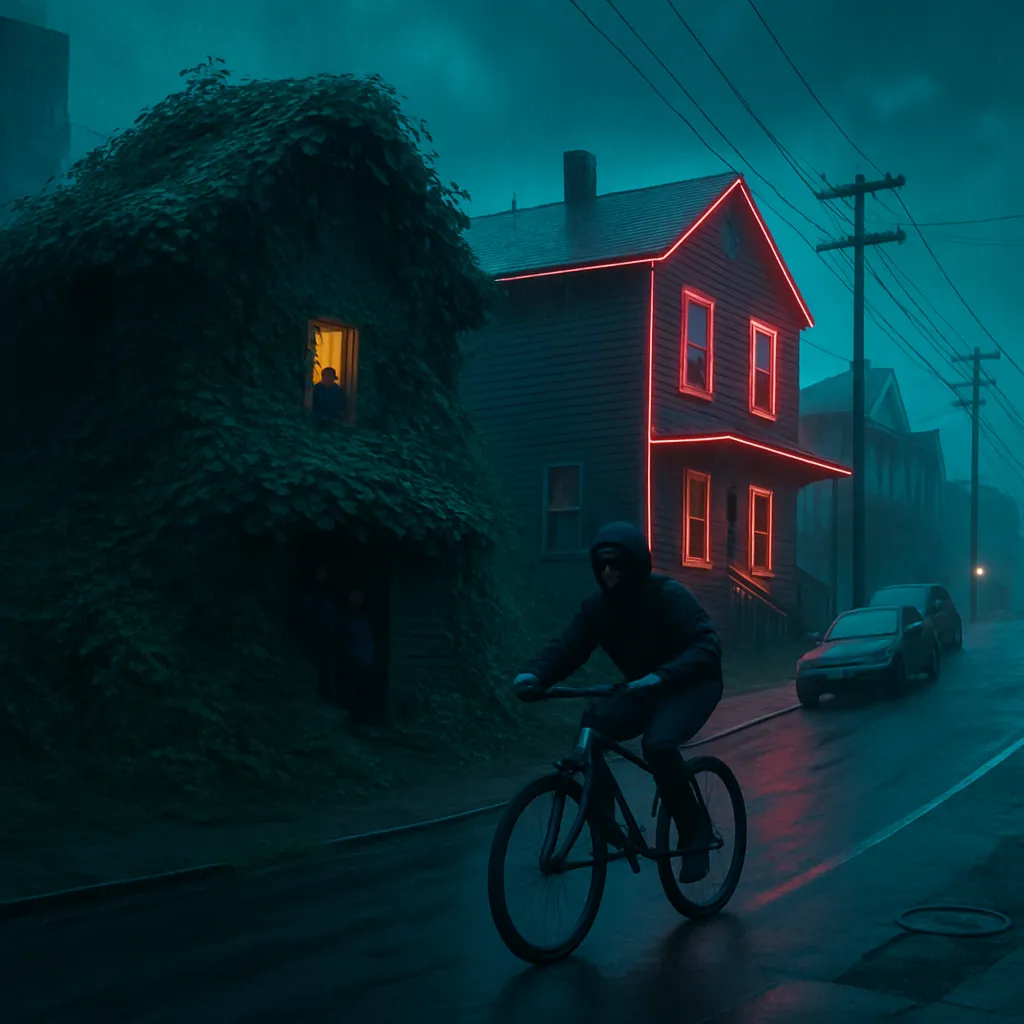 The dreamer encounters a buried house covered in vines, pondering over helping it recover, as black people inside symbolize unfamiliar aspects of their identity. Contemplating changes to another wooden house and cycling boldly up a hill reflects personal growth and determination.