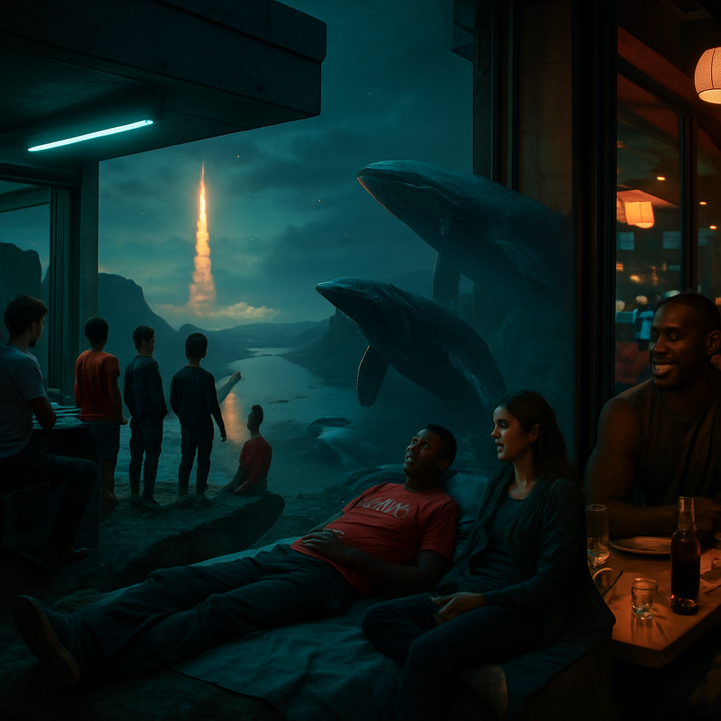 The dreamer finds themselves in surreal locations such as an office on a cliff and a boat surrounded by whales. They reflect on success and relaxation seeing a retired athlete. Engagements with strangers suggest exploration of new self-aspects and emotions.