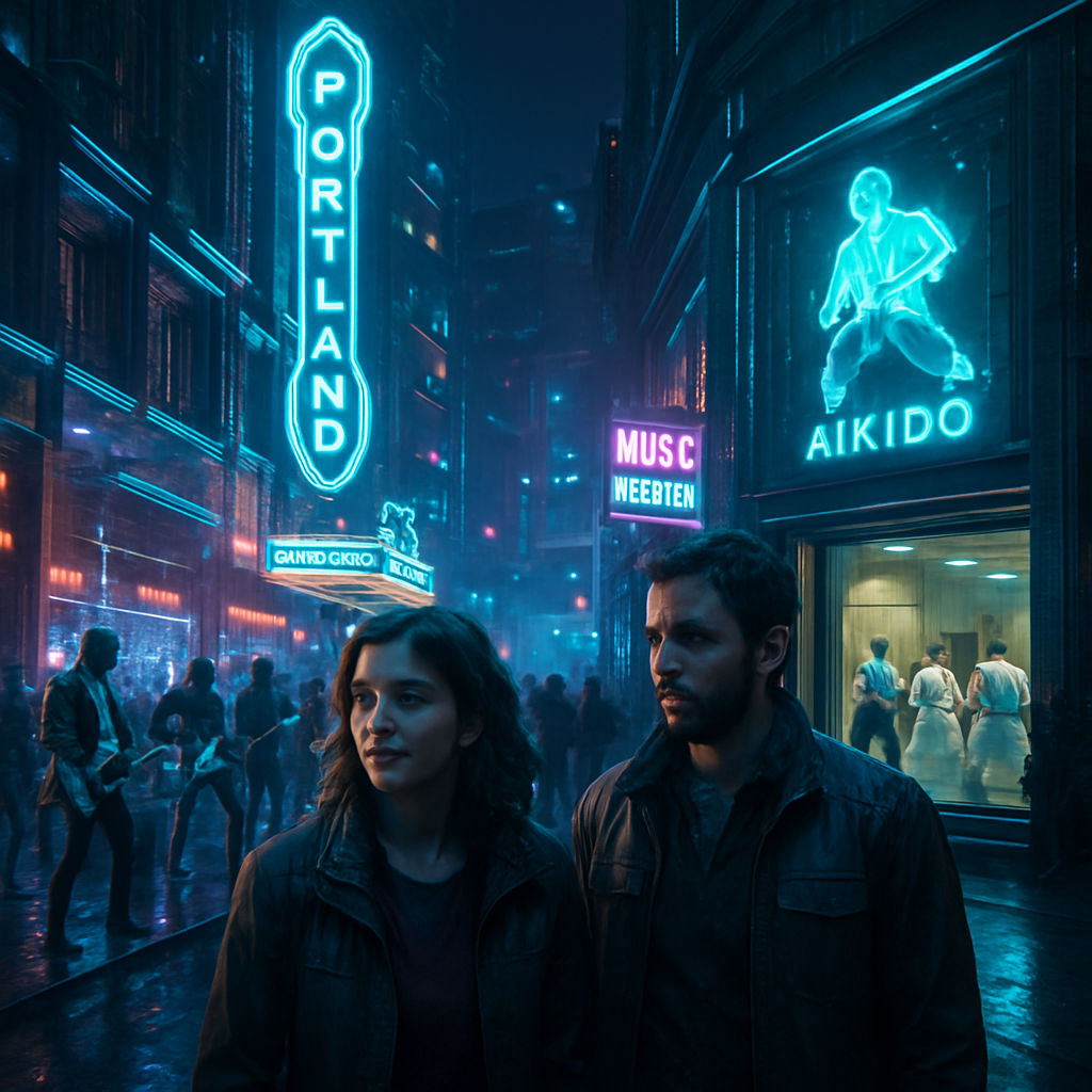 The dreamer visits Portland, encounters street rock bands in a festival, and joins Amy D. for a walk to an Aikido place where Shaw is preparing to compete.