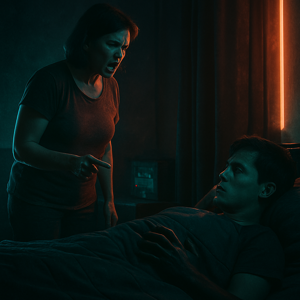 The dreamer experienced a situation with an angry mother and later encountered fear in a dark room upon feeling a hand on their leg while trying to sleep.