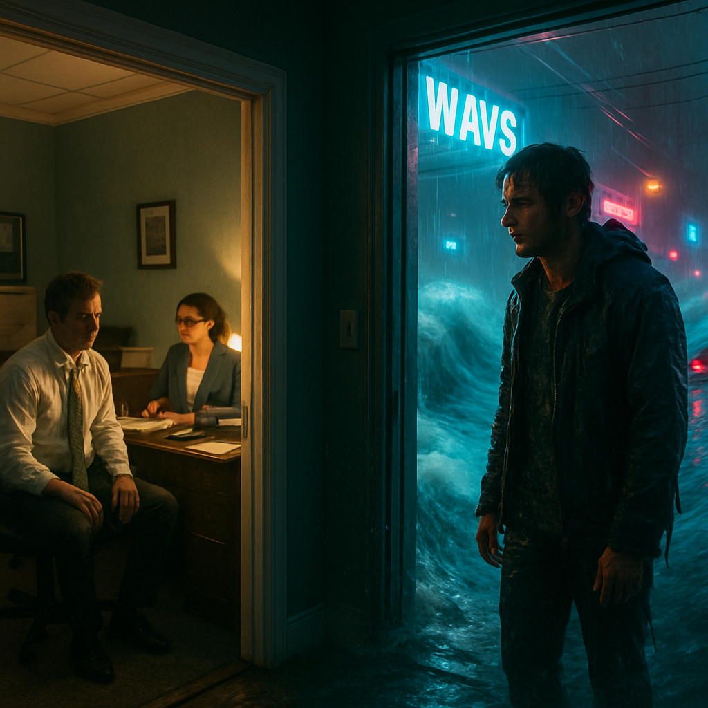 The dreamer finds themselves laid-off from an office within a house and surrounded by turbulent waves. They seek assistance from Elizabeth but receive none, eventually finding a path through the waves. Cold and wet, they continue to a street where a passing car doesn't stop.