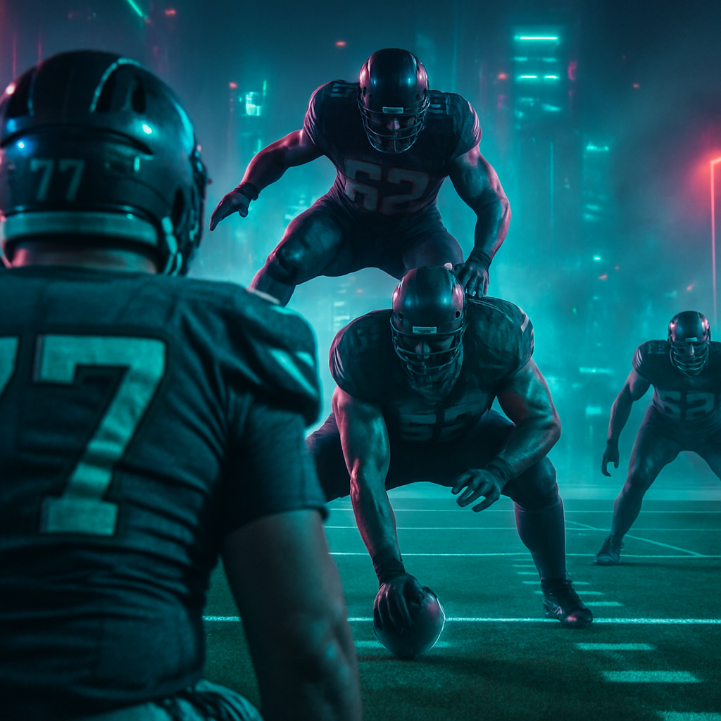 The dream involves a football play from the perspective of an offensive lineman, featuring an opponent jumping on the center and stopping the play. The dreamer feels uncertain about the fairness of this action and senses a larger intrigue or purpose.