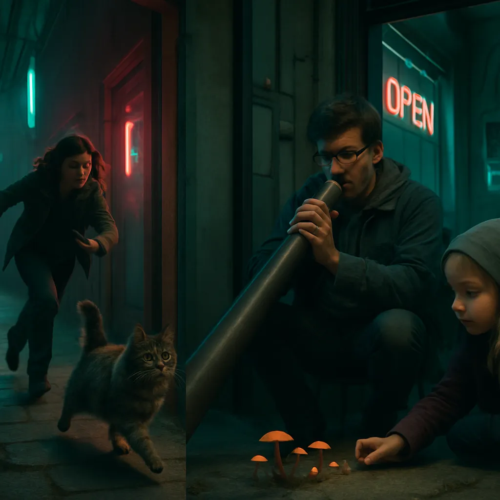 The dream involves chasing a pet cat named Rasta, unsuccessfully playing a didgeridoo in front of others, and encountering small edible orange mushrooms with a girl.