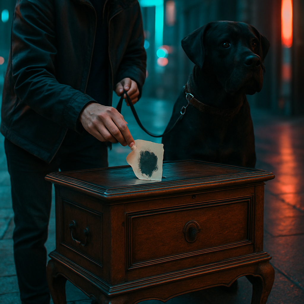 The dream involves observing someone with a large dog and interacting with an antique object, leading to the revelation of a dark mark.