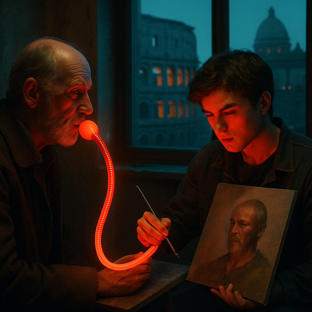 In Rome, a dreamer is introduced to a young art student whose physical condition post-fever suggests a spiritual pathology involving the transmigration of a spirit, complicating his artistic endeavor.