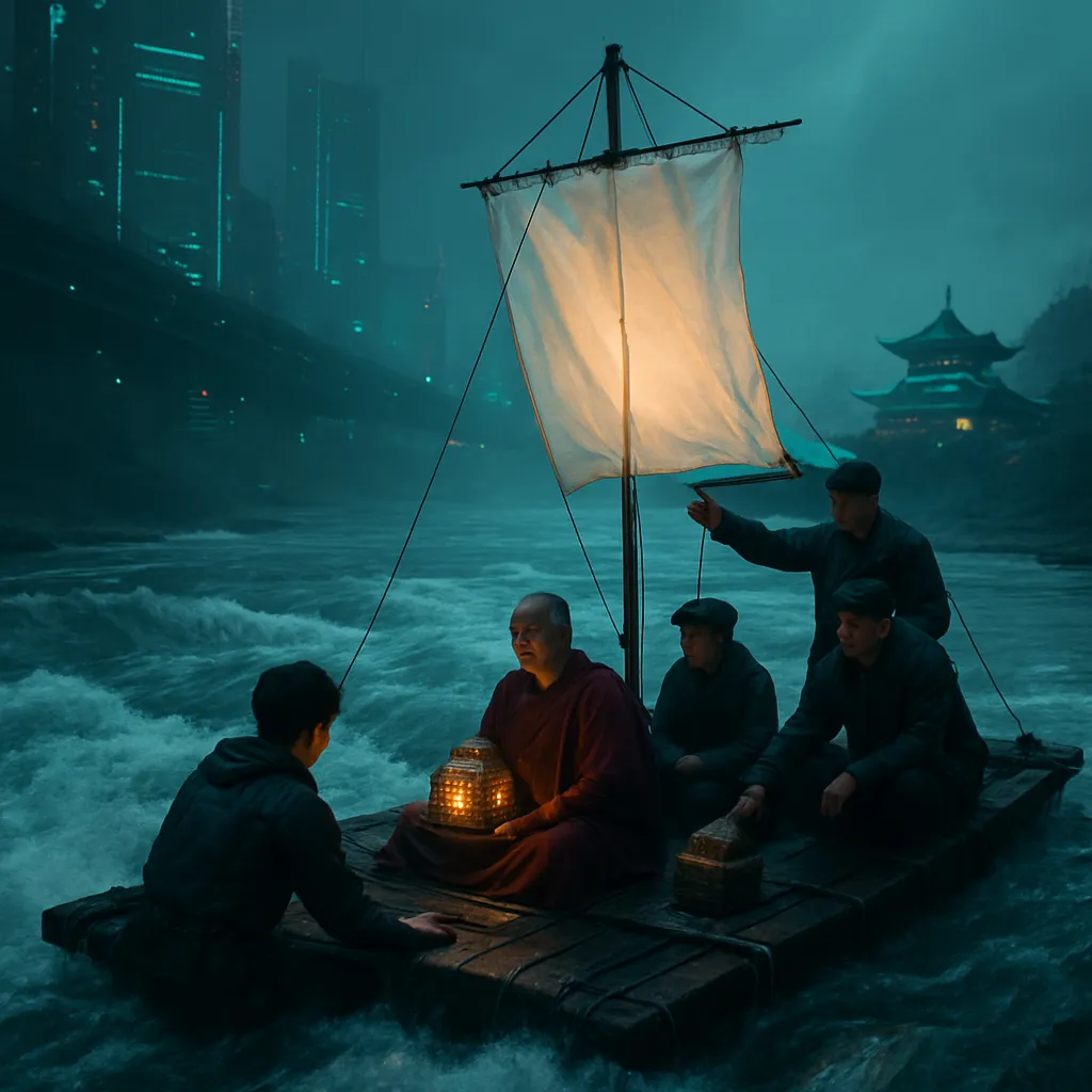 In the dream, the dreamer is on a large raft with people from Takao, navigating a fierce rapids. They fear losing their Buddha relics but remain the only one who stays on the raft. They eventually reach shallow currents and aim to reach the shore.