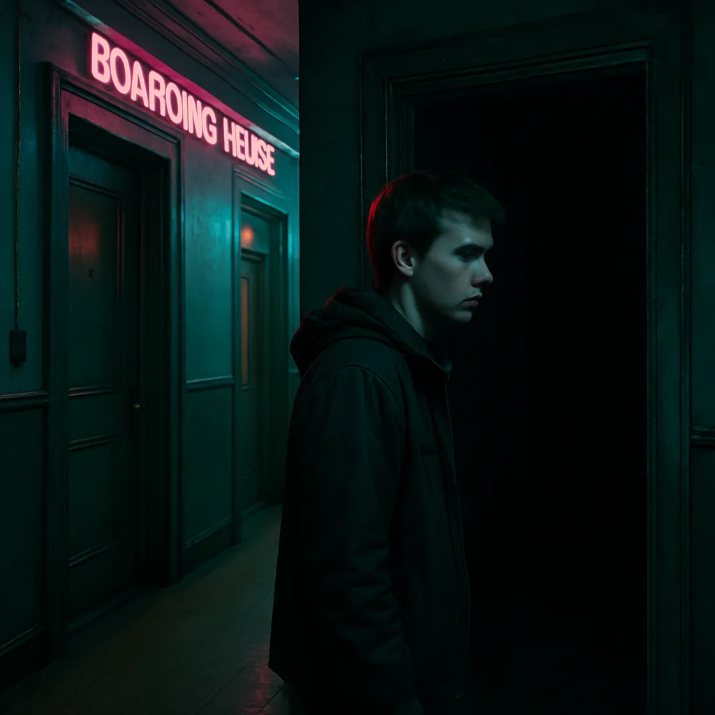 The dreamer finds themselves in a boarding house, feeling apprehensive about a dark room they are shown to.