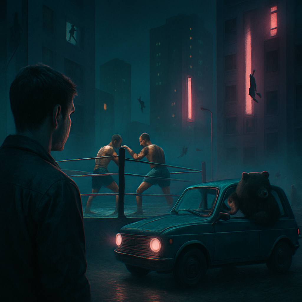 The dreamer observes a night-time boxing match that moves outside with dramatic elements, including suicides, couples wrestling in vehicles, and bears in hot pursuit.