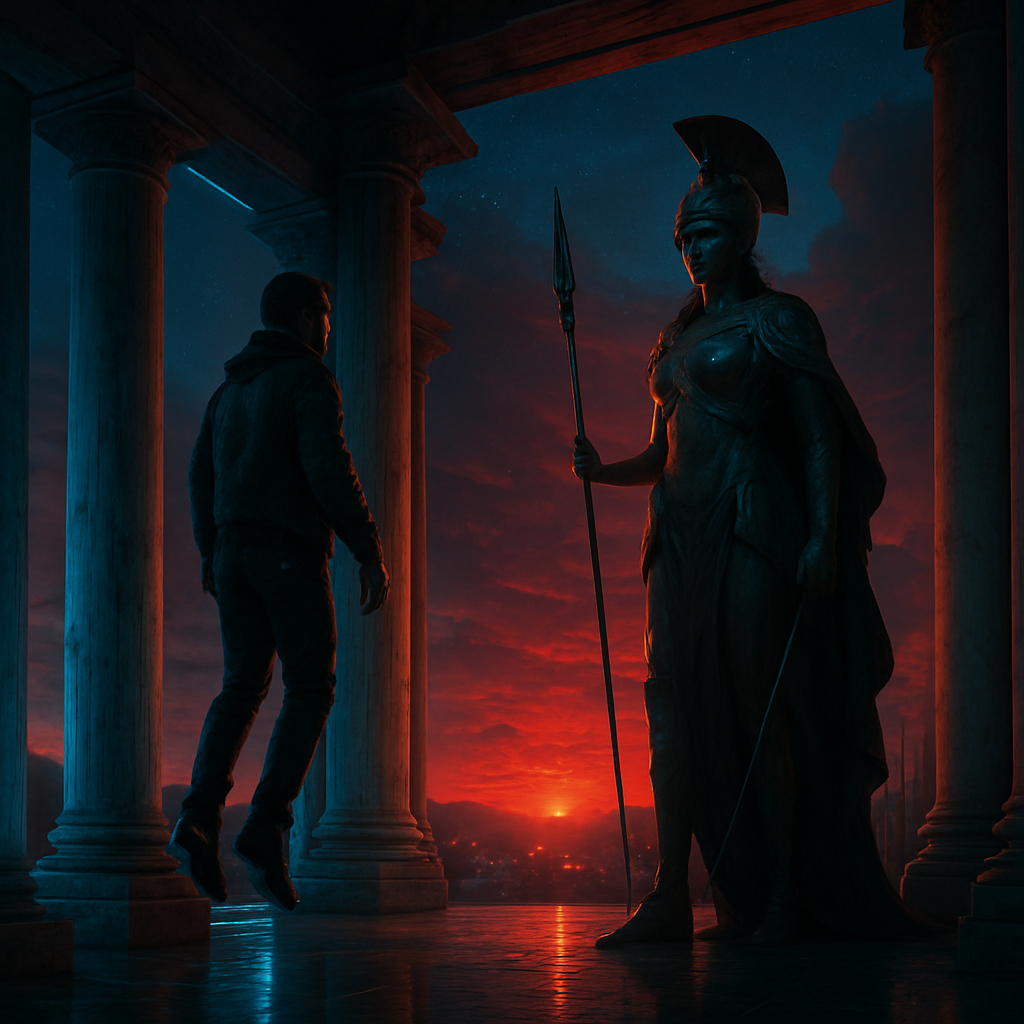 The dreamer encounters an armed goddess in a marble gallery, experiencing floating and witnessing a symbolic transition from night to day. The goddess calls attention to conflicts, inviting introspection and potential transformation.