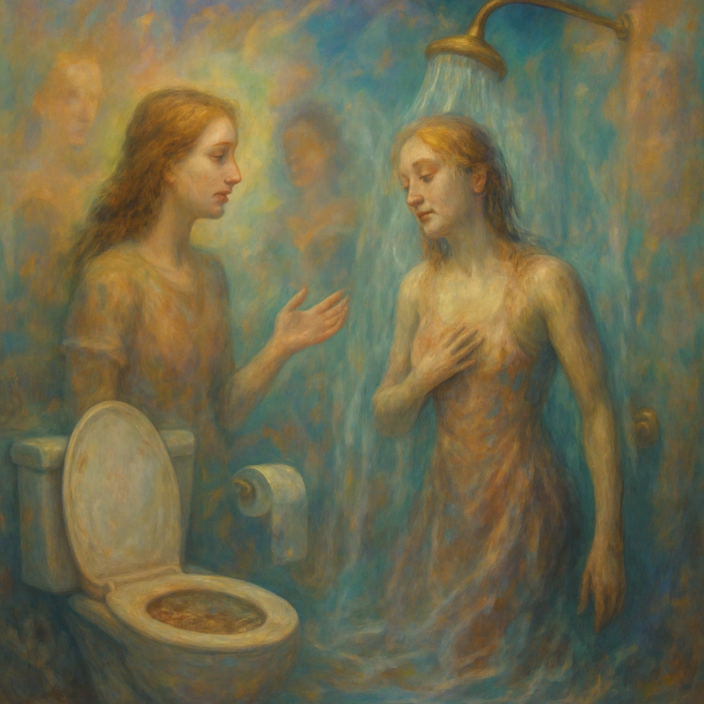 A conversation with a woman leads to an extended and challenging bathroom experience, including cleansing and a symbolic sense of renewal.