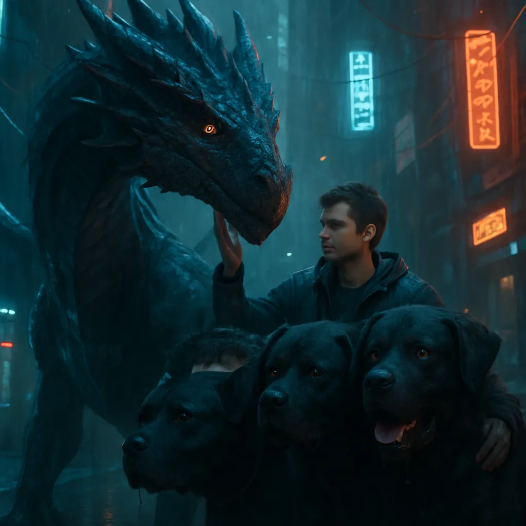 The dreamer tames a dragon and a cerberus, making them allies and friends.
