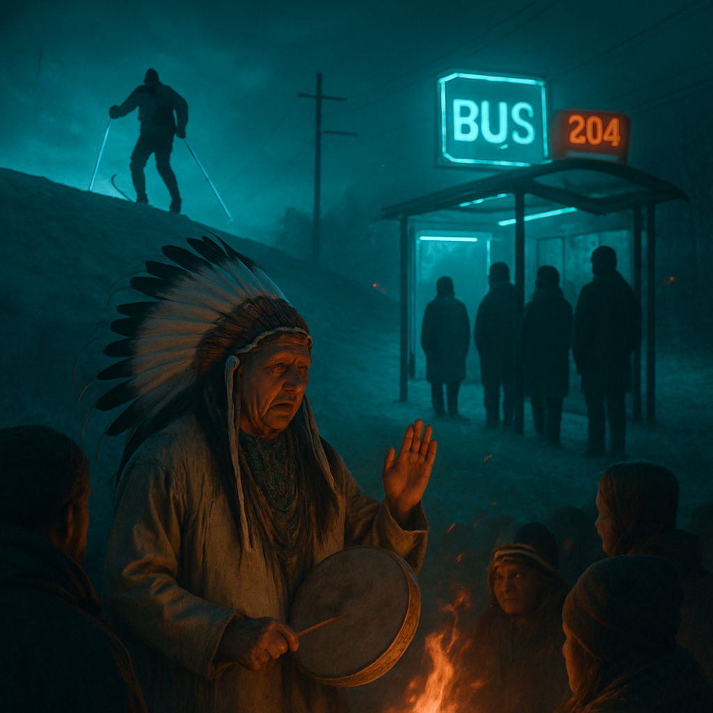 The dream involves waiting for a bus, skiing back only to miss it, walking over a hill, and participating in a ceremony led by an Indian.