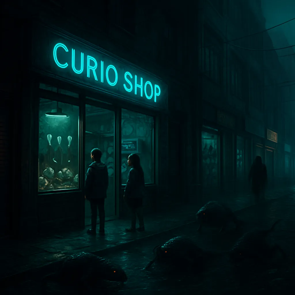 In a dream, the dreamer and their children visit a Curio Shop on a street where stores are closing. A search for spoons and yarn leads to dangerous encounters, mysterious figures, and a dramatic chase to rescue a missing child, ending in frustration and awakening.