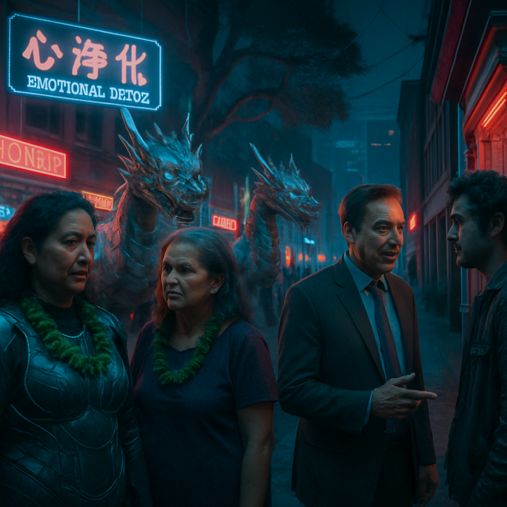 The dream explores themes of emotional detox, addressing unresolved conflicts with past mentors, skepticism of manipulative figures, and the challenge of completing tasks or maintaining control. It moves between vivid settings including a street celebration, an infomercial complex, a wedding ceremony, and a neighborhood encounter with an intrusive therapist.