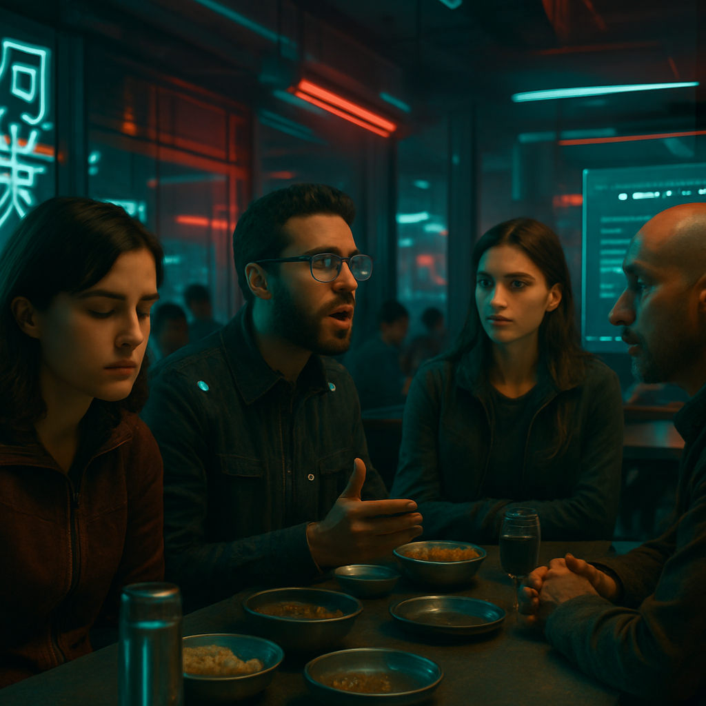 In a restaurant, the dreamer sits at a table unable to sing as others do. Friends George and Kayla are present, and a past yoga teacher discusses music and a retreat.