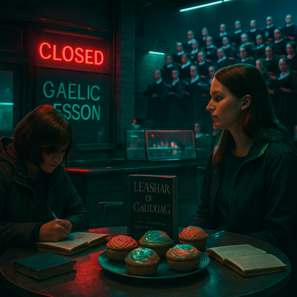 The dreamer meets a group of friends at a closed coffee shop for a Gaelic lesson, experiences confusion with a friend, finds a uniquely decorated pastry table, and transitions into a large choir performance.