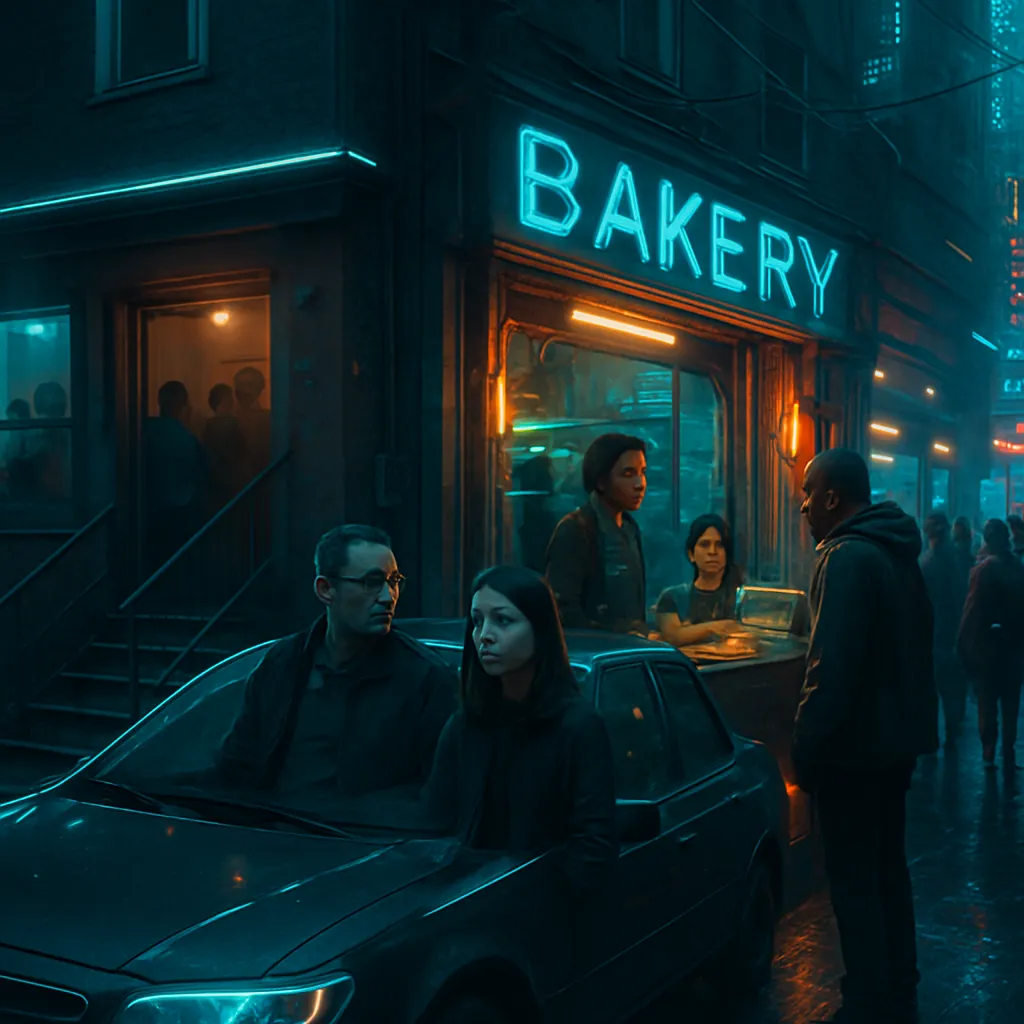 The dream involves being in an Airbnb-like house in a city with unfamiliar people, driving with the father avoiding traffic, visiting a transformed bakery run by friendly people, and experiencing a bustling diverse crowd.