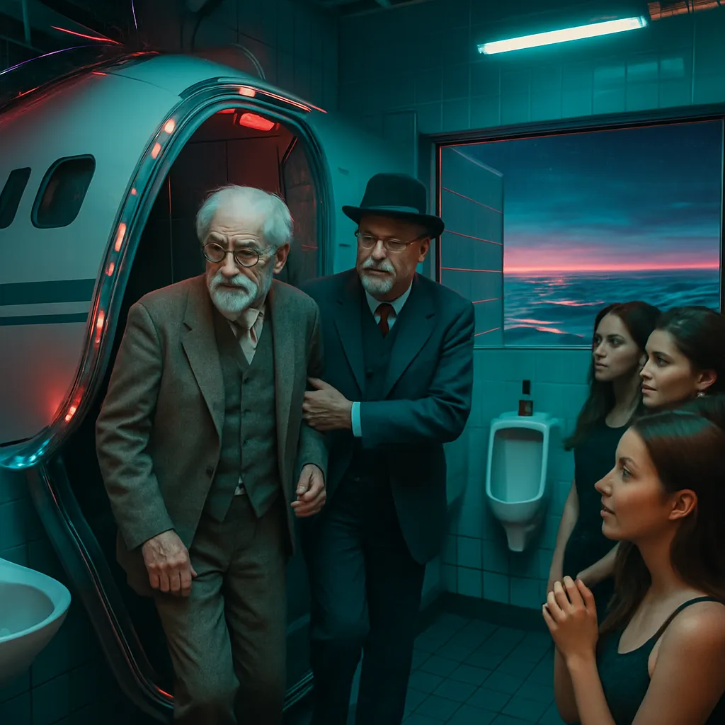 A journey with a scattered, young Freud to meet an older, patient Jung, intertwined with themes of being unprepared on a plane journey, encountering fame in an odd setting surrounded by admirers. There's a strange backdrop of an ocean and a public event in a bathroom setting.