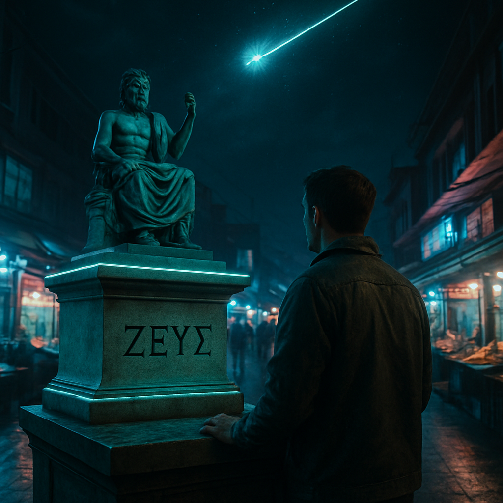 The dreamer stands by the altar of Zeus in a marketplace, seeking divine sanction for a sacrifice. A shining star darts through, signaling approval.