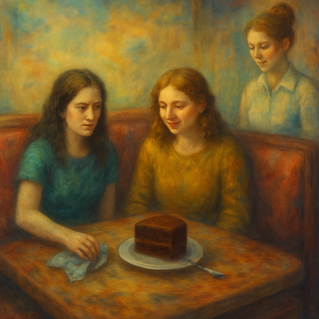 The dreamer and Carina go for lunch, encounter a dirty booth, reflect on their roles as customers and past experience as a waitress, and end with sharing a chocolate cake symbolic of shared joy and problem-solving.