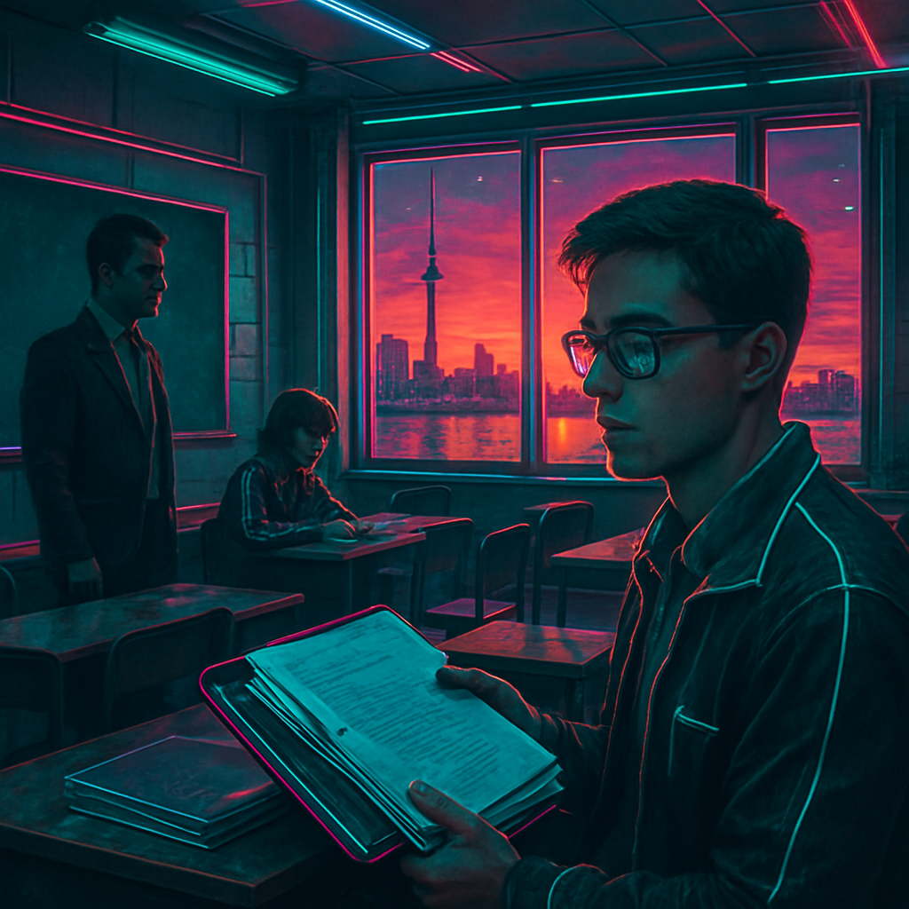 The dreamer is a T.A. and student in a high school class. They collect notes under their seat and lose another student's notes. They contemplate their role, feel intrigued by a talented student, and view a sunset over a lake in Toronto.