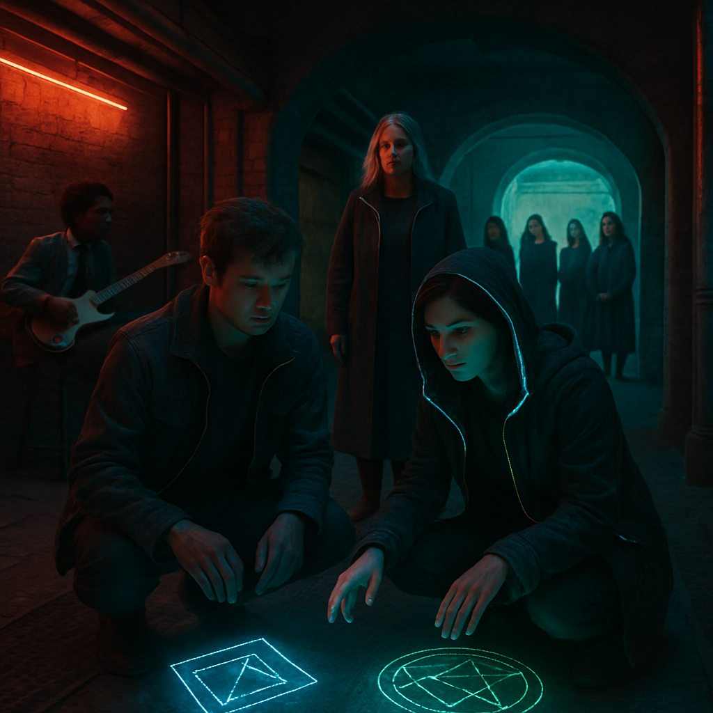 The dreamer attends a large gathering with a friend and initially feels out of place. They claim to be a musician, delighting the attendees who also play instruments. Guided by an older woman, they enter a deep basement and a courtyard of women. The dream culminates with drawing symbols that transform into magical, three-dimensional spaces.