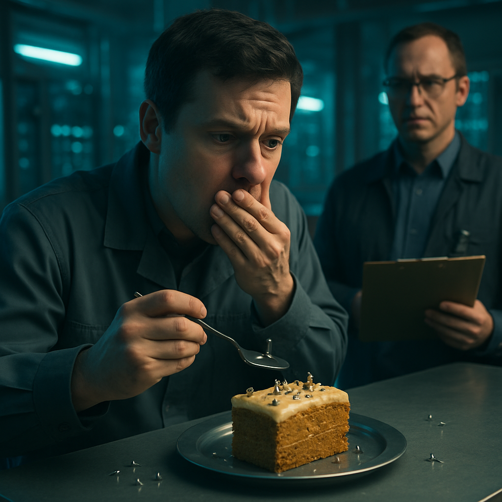 In a work setting, the dreamer conducts an experiment involving spice cake and tacks, which unexpectedly poses a risk when the tacks come loose. The dreamer becomes anxious about accidentally swallowing the tacks and feels the need to hide the mistake from a colleague.