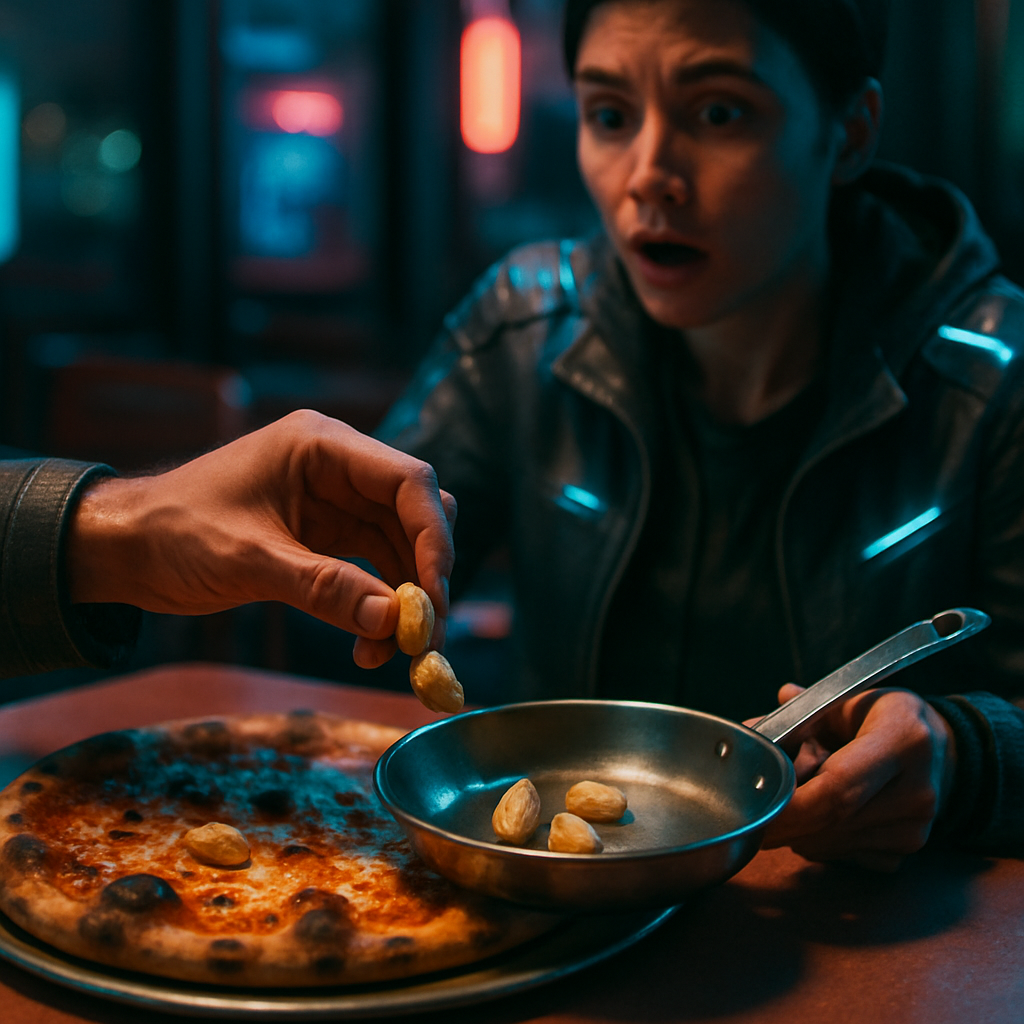 The dream involves picking cloves of roasted garlic off a pizza, placing them in a pan, and surprising someone who sees these actions, altering their plans.