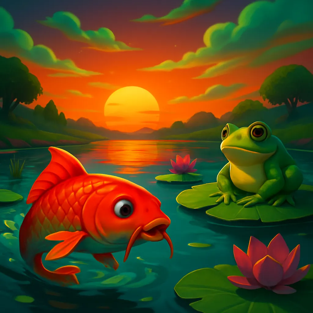 The dream depicts a carp swimming freely in a pond while a frog sits on a lotus leaf. The scene is set during a sunset with green clouds, evoking a mystical and peaceful atmosphere.