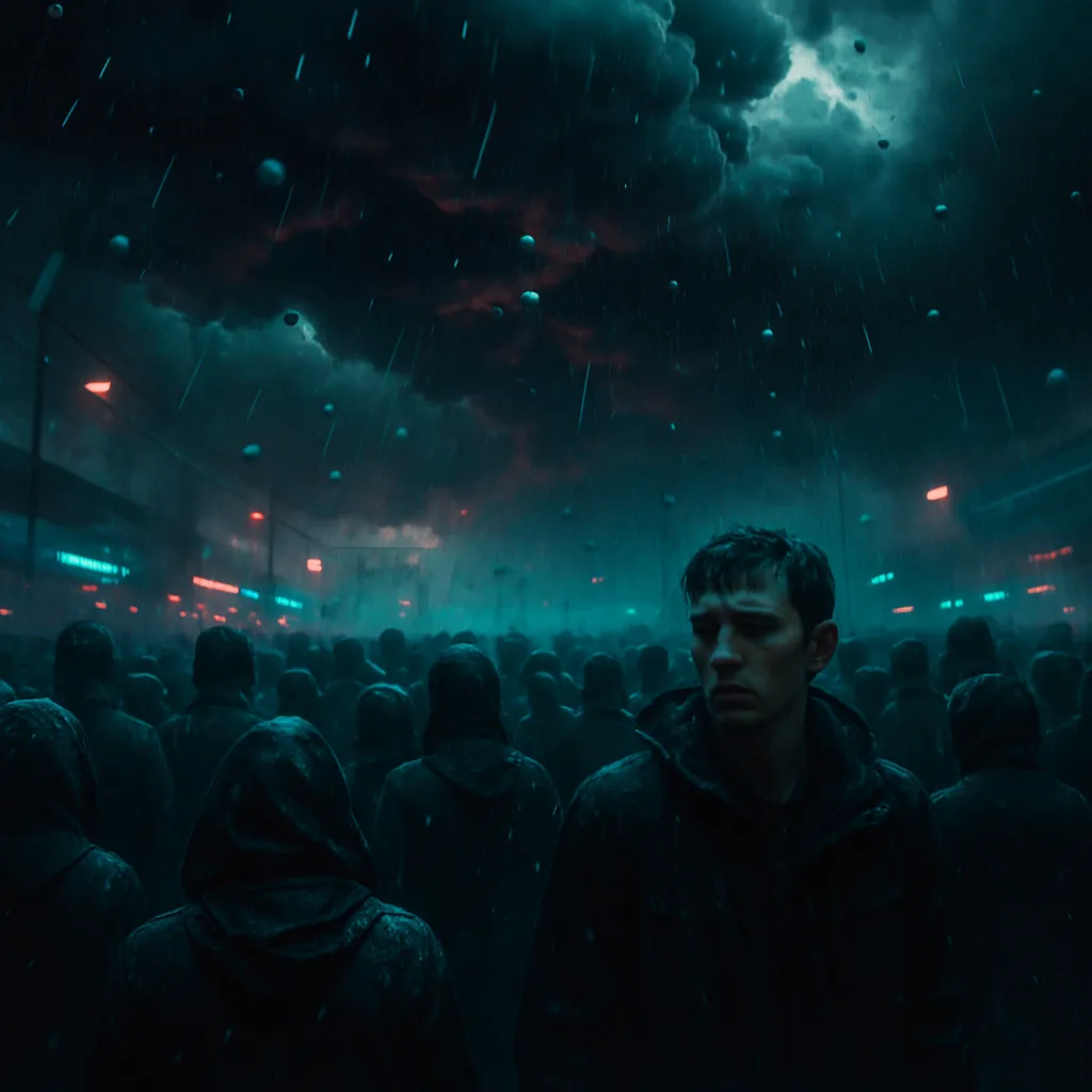 The dream depicts the dreamer in a large crowd while ominous storm clouds gather, leading to rain and deafening hail, which causes distress and wakes the dreamer up.
