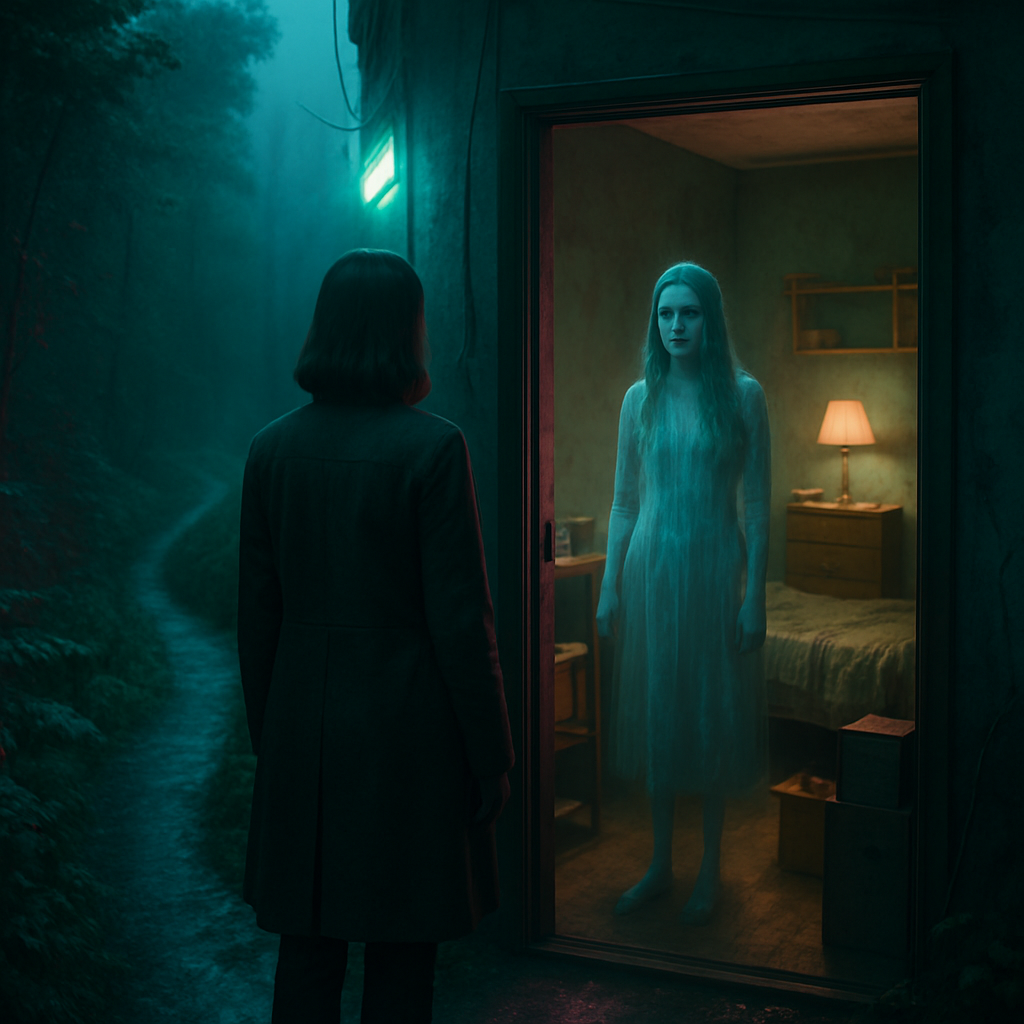 The dreamer woke from one dream and returned to another, walking a path and encountering a haunted spare room where a ghost with OCD resides.