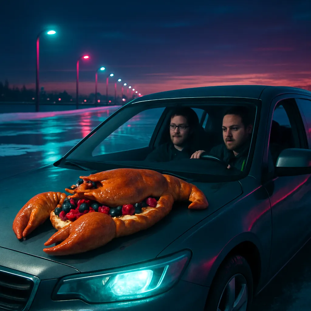 The dream involves riding in a car with Levi on a frozen river highway, navigating around water patches, and creating a giant pastry shaped like a lobster filled with berries and cream.