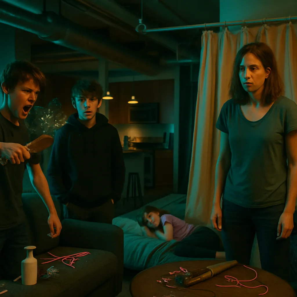 The dreamer navigates a lack of privacy and chaos in an open concept house previously owned with an ex-partner. Teenage boys disrupt the dreamer's personal space, break personal belongings, evoking feelings of loss and helplessness. The daughter adjusts to unfavourable conditions, symbolizing adaptability.