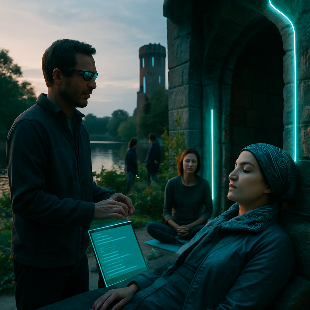 The dreamer is at Edward's house by a body of water, organizing a retreat. Activities include scheduling, providing bodywork, and engaging with attendees. Deanne, wearing a scarf with Egyptian eye symbols, lies in a cold stone room for a session. Miscommunications about time and organization appear, with a sense of lively community and interaction outdoors.