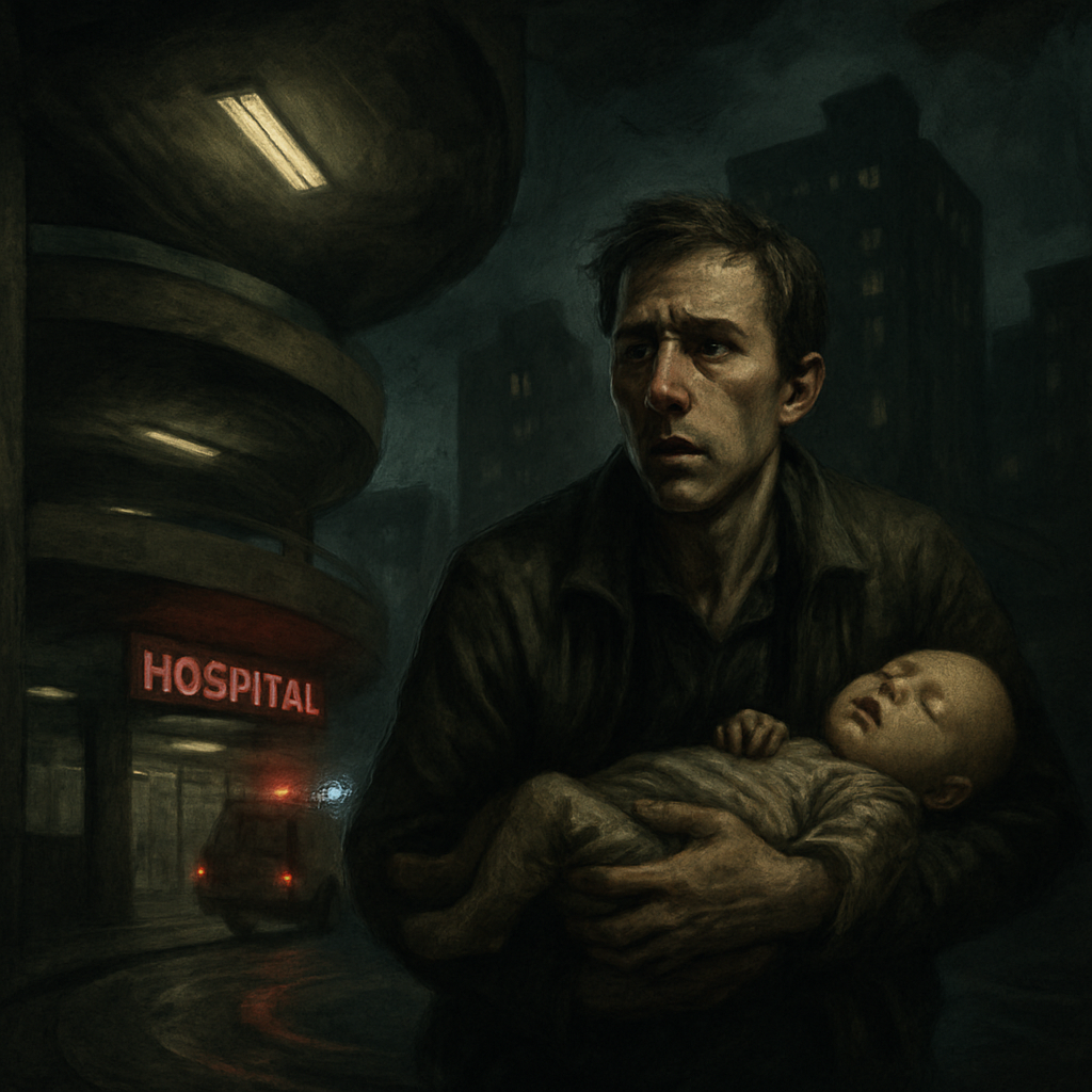 The dreamer finds themselves holding a dying baby that is not theirs, trying to rush it to the hospital in a city, dealing with spirals in parking lots, and urgency as the surroundings close in, creating a sense of panic and pressure.