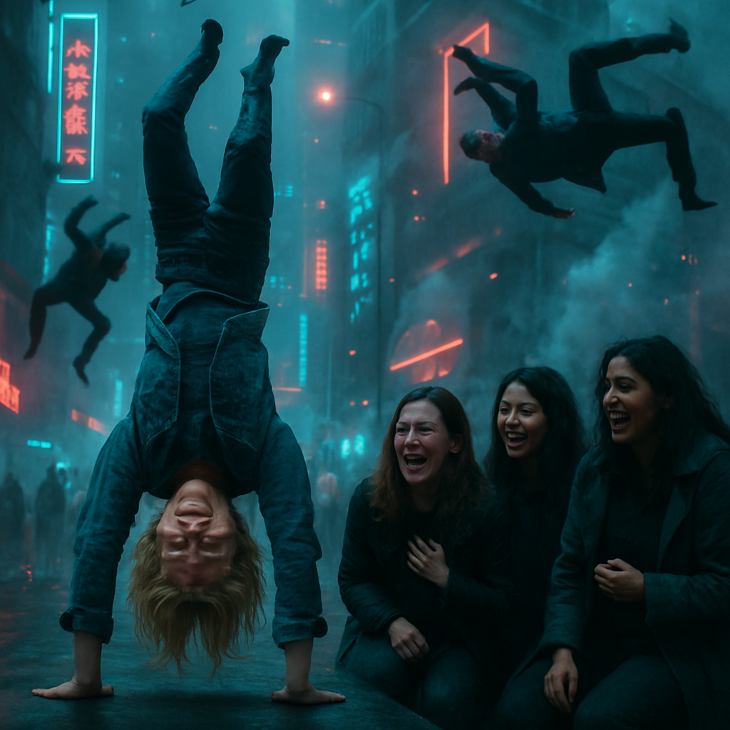 The dream involves celebrities doing acrobatics, with Amy Poehler humorously interacting, causing laughter and tears among other women who notice the dreamer's strong reaction. The scene shifts to people unsuccessfully handling a crisis.