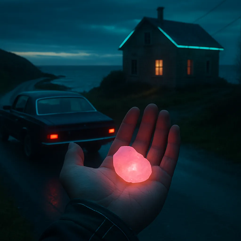 Driving near a coast leads to a peaceful encounter at a remote house by the water, where the dreamer finds a piece of rose quartz.