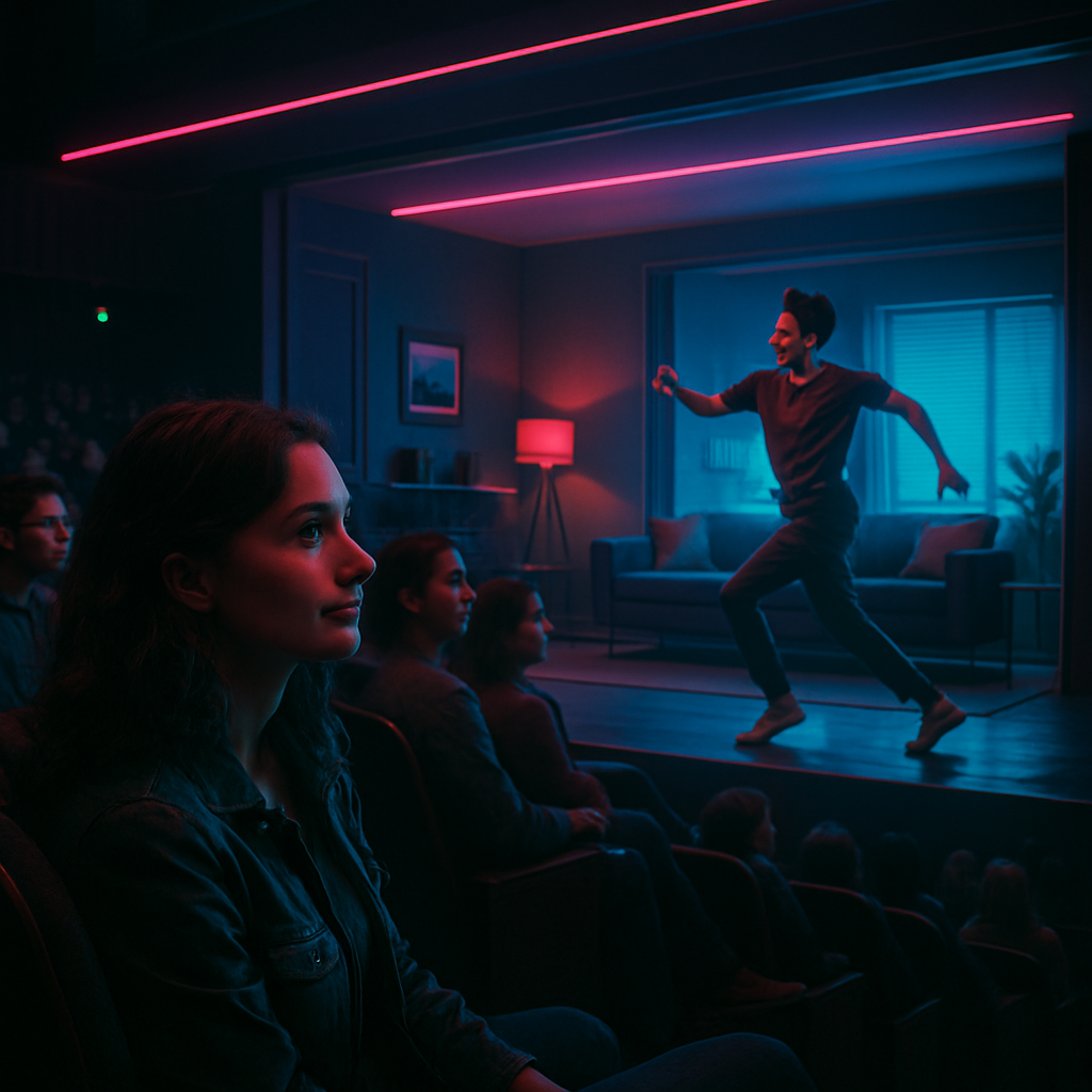 The dreamer sits in an auditorium with familiar individuals, watching an interesting man perform a captivating dance in the comfort of a living room, while feeling a sense of attraction towards him.