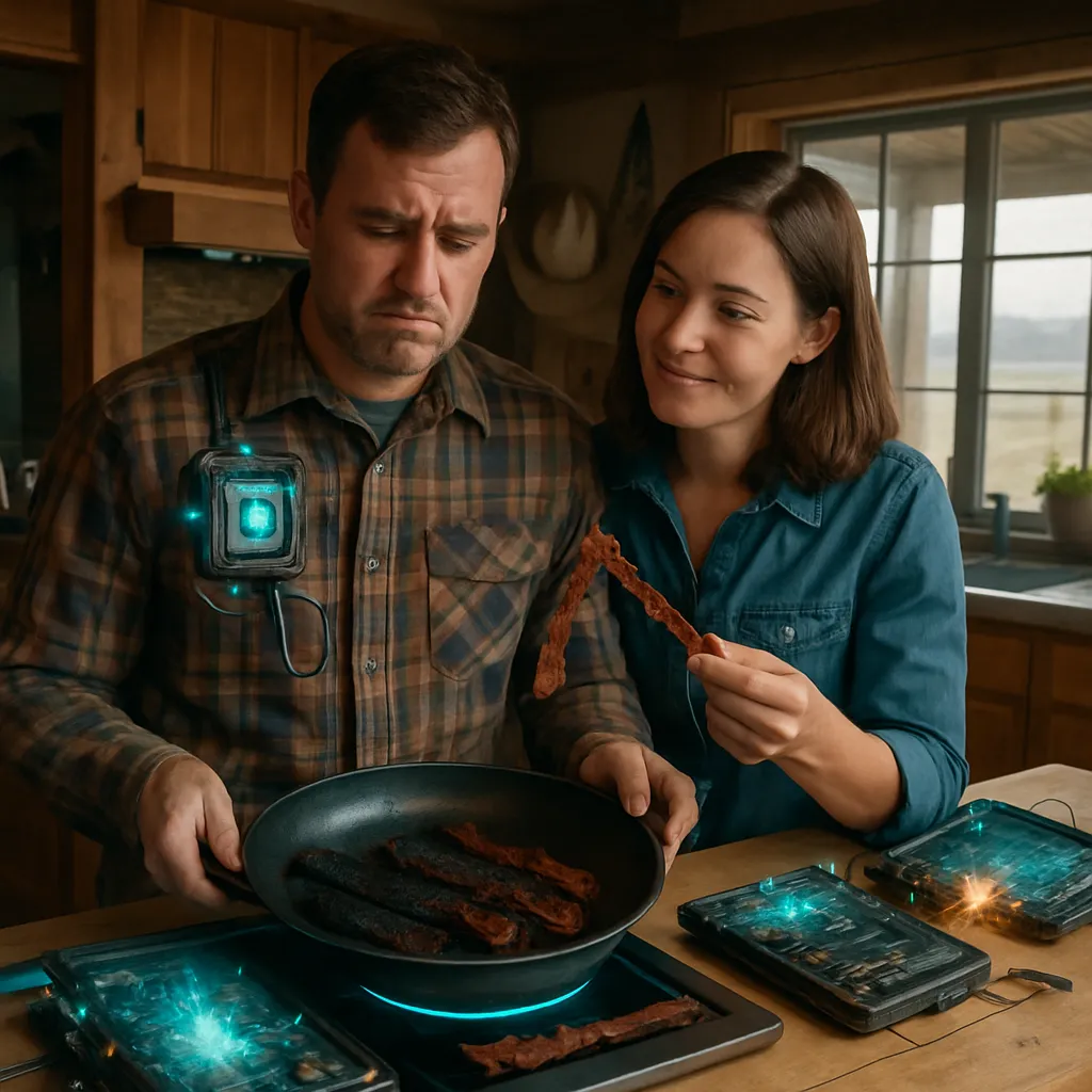 The dream involves cooking bacon at a ranch, feeling disappointment over burnt bacon, but finding a perfectly cooked piece thanks to the wife's intervention. There is also an element of technological devices that break open, causing messiness.