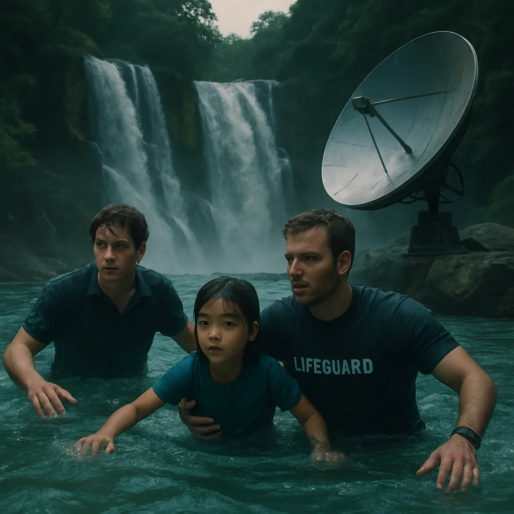 The dreamer swims in a familiar waterfalls and pools area with Jude and a young Asian girl, guiding them amidst the strong current. They rescue the girl from near-drowning and notice a satellite dish reflection, signifying external awareness.
