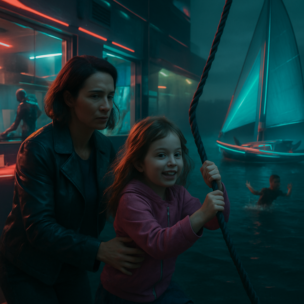 The dreamer is in a restaurant with their daughter, who is a little girl again. They take dishes to the kitchen but lose their table. Later, they are on a sailboat in the middle of a lake, swinging people into the water; their daughter won't let go and keeps swinging.