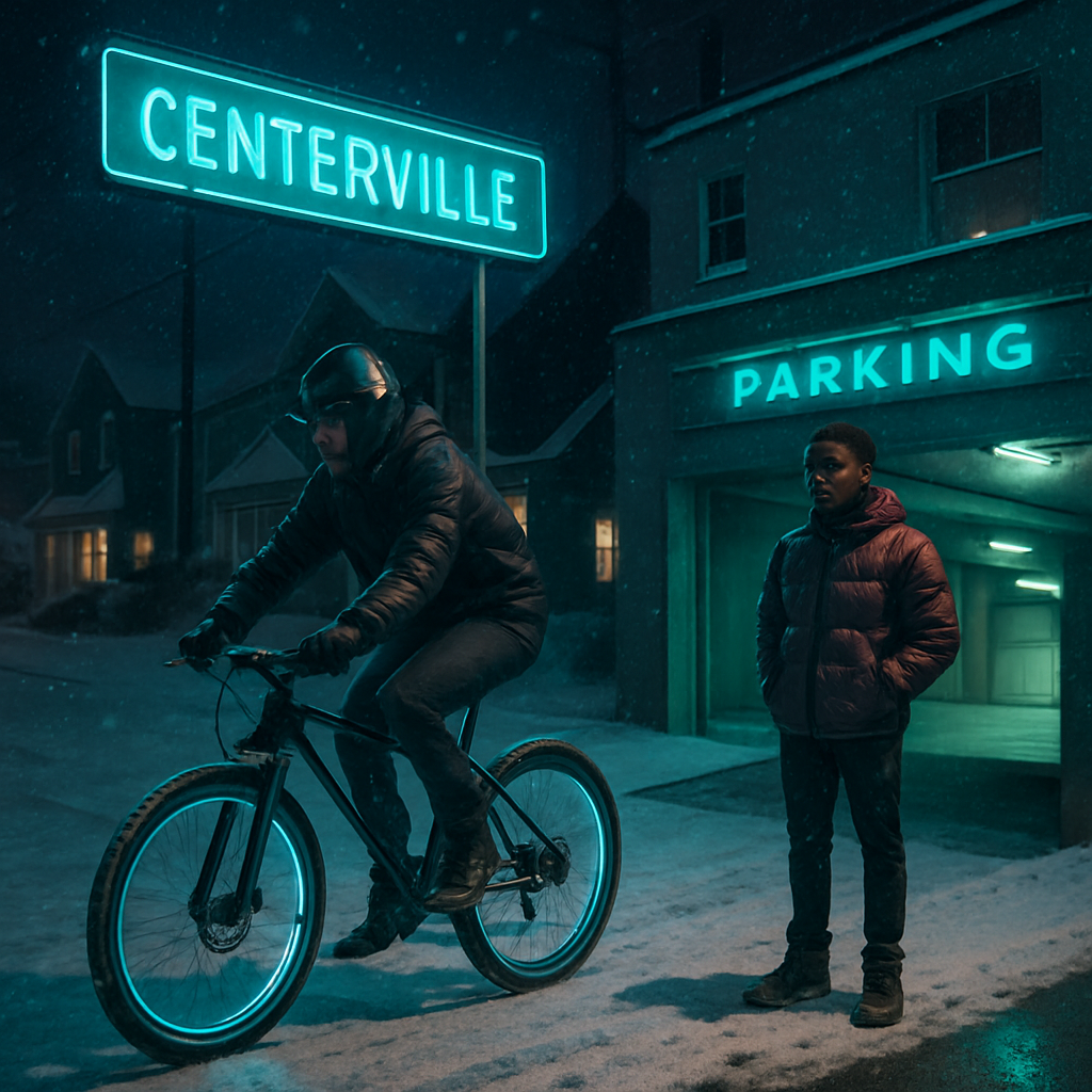 The dreamer rides a bike through a snowy Centerville, confronting legal concerns and meeting his forgotten son, unraveling concealed aspects of personal identity and memory.