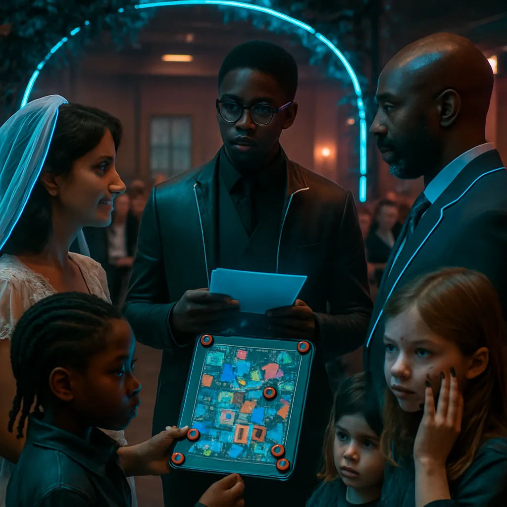 You officiate your parents' marriage, adopting non-linear time, a young black boy, temporal confusion. A girl's act disrupts reading, prompting shift to a collage given by your mom, which transforms during reading, causing confusion and ending in giving up.