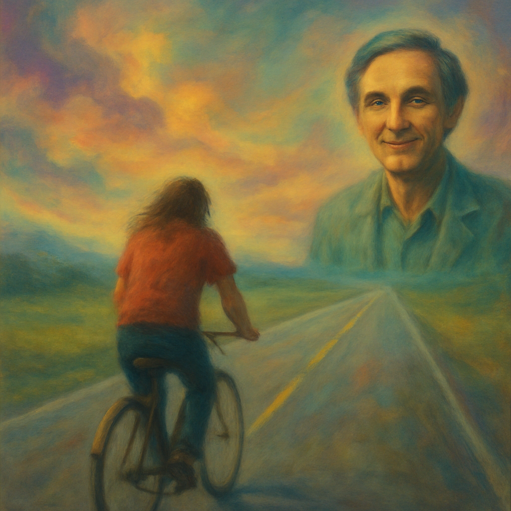 The dreamer finds themselves biking down a long road, upset and seeking escapism through the act of pedaling. They grapple with the realization of having to return home. The dream also incorporates a scenario where the dreamer marries Allen Alda from M.A.S.H., representing unexpected choices.