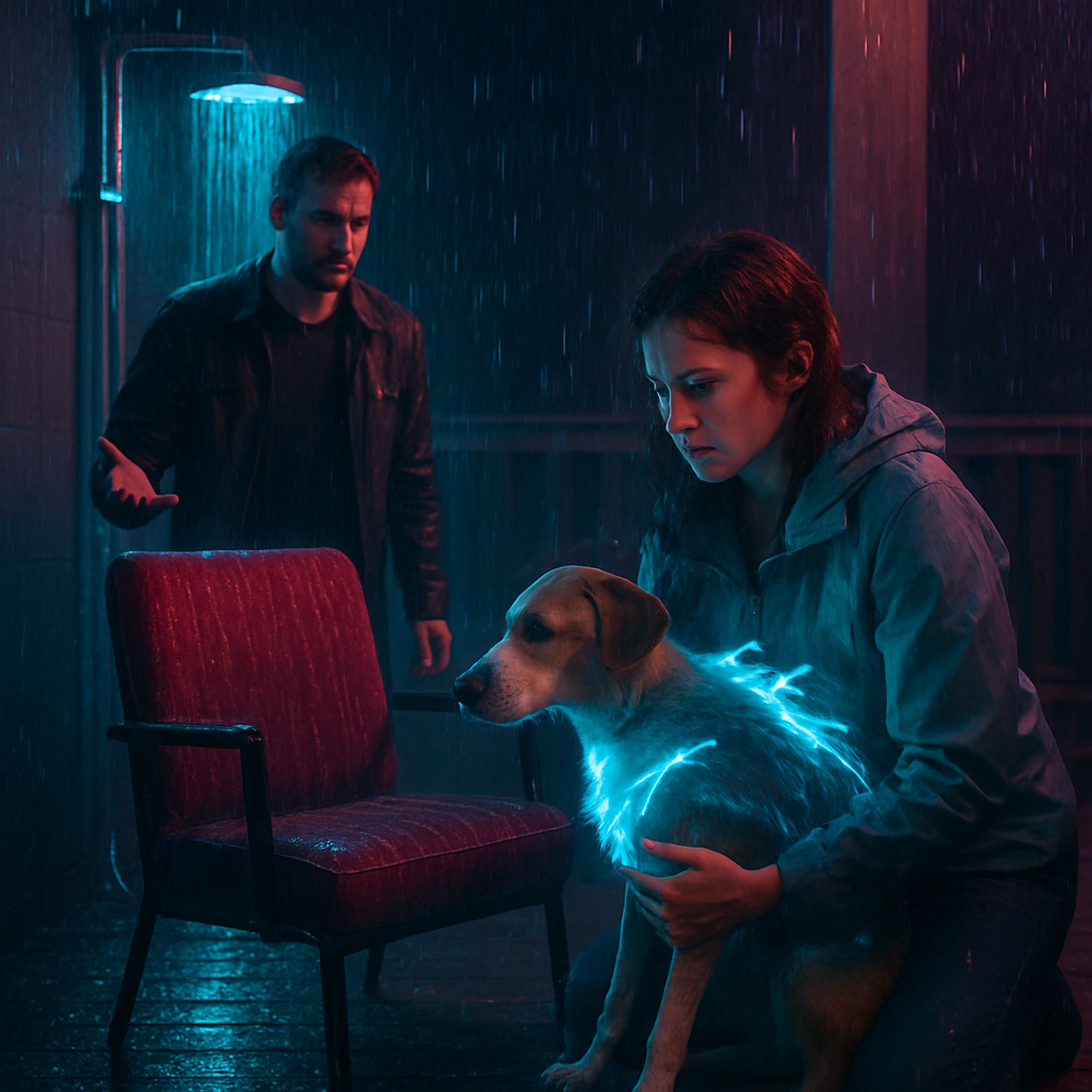 The dreamer interacts with a presence resembling their ex-partner, buys a chair on a whim, experiences rain soaking the chair, argues with ex-partner over responsibility, and rescues a pet dog transforming in nature.