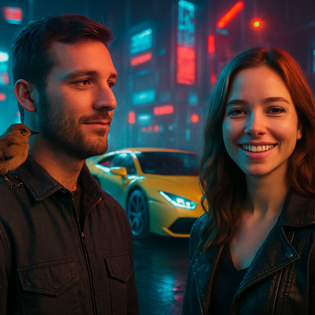 A series of brief images depict a small bird on a man's shoulder, a fast yellow sports car, and a smiling woman, conveying themes of intuition, freedom, and happiness.